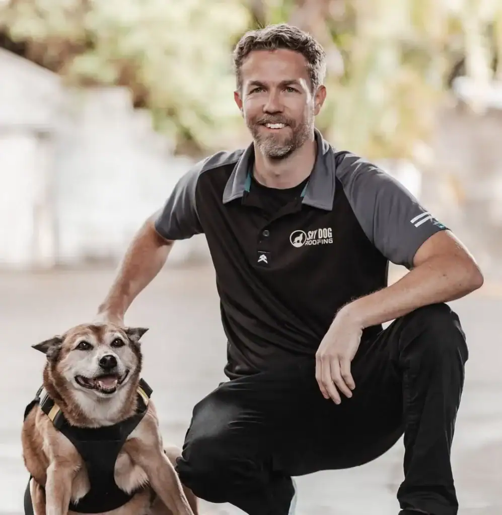 Mitch from Sky Dog Roofing with Mike the dog