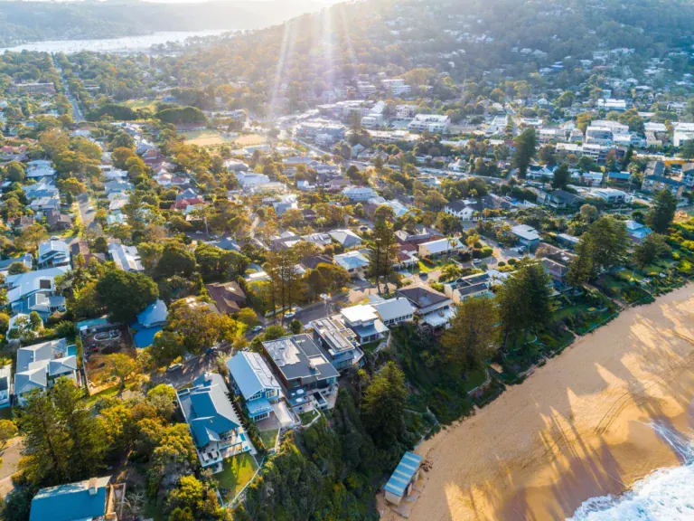 Aerial view of Northern Beaches homes at sunrise